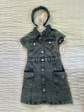 NWT Nannette Girls Denim Shirt Dress & Matching Headband Size 4